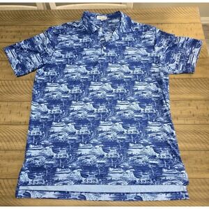 Peter Millar Summer Comfort Men's Large Blue Toile Golf Scenic Polo Shirt L Poly